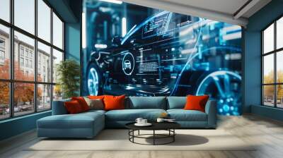 EV electric vehicle technology industry concept futuristic virtual graphic touch user interface on screen with auto repair garage blurred on background : Generative AI Wall mural