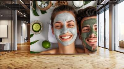 Facial spa and smile with portrait of couple for skincare cosmetics and detox from above Beauty relax and self care with man and woman with clay mask at home for salon wellness and cuc : Generative AI Wall mural