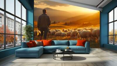 Farm sheep and feeding with man in field for agriculture sustainability and animal care Labor ecology and summer with male farmer in countryside meadow for cattle livestock and lamb pa : Generative AI Wall mural