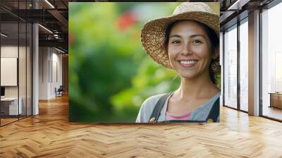 Farming growth and sustainability with woman in field to harvest organic produce in season Agriculture smile and vegetation with farmer person outdoor in countryside for agro or agribu : Generative AI Wall mural