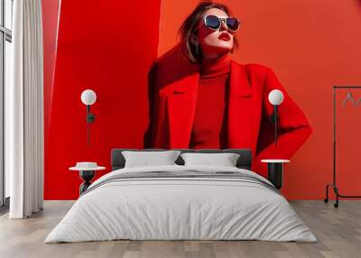 Fashion woman in trendy red outfit Total red look sunglasses red coat poloneck pants : Generative AI Wall mural