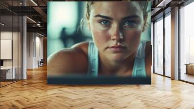 fat motivated woman exercise workout machine fitness gym member trying to balance body exercise to reach healthy goal determined person aim for changing life activity target for good s : Generative AI Wall mural