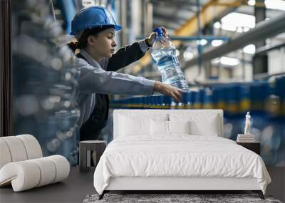 Female worker inspecting quality of plastic drinking water tank in mineral water plant Factory female worker working and checking plastic gallon during manufacturing water bottling pro : Generative AI Wall mural