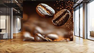 Flying coffee beans on dark brown background with copy space. Close up : Generative AI Wall mural