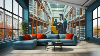 Forklift driver talking with manager in modern industrial factory Warehouseman reading order order picking Warehouse worker preparing products for shipmennt delivery checking stock in  : Generative AI Wall mural