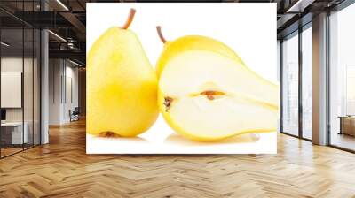 Fresh pears one and a half yellow fruit isolated on white background : Generative AI Wall mural