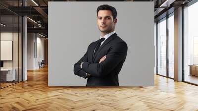 Full body side view fun adult successful employee business man corporate lawyer wear classic formal black suit shirt tie work in office look camera isolated on plain grey background st : Generative AI Wall mural