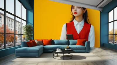 Full body side view young lawyer employee business woman of Asian ethnicity wear formal red vest shirt work at office hold use mobile cell phone drink coffee isolated on plain yellow b : Generative AI Wall mural