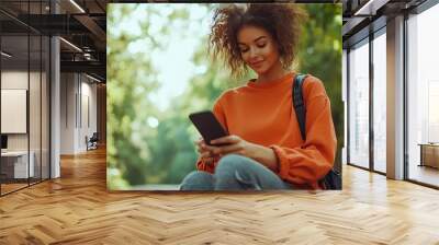 Full body young happy fun cool woman wears orange shirt casual clothes sit on escooter using mobile cell phone walking resting relax in spring city park outdoors on nature Urban lifest : Generative AI Wall mural