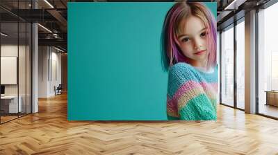 Full length of cheerful and stylish preteen girl with colored hair wearing knitted sweater and looking at camera while posing on green background fashionforward preteen with sense of s : Generative AI Wall mural