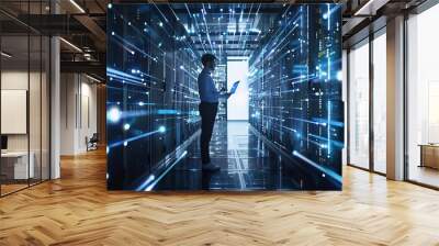 Futuristic Concept Data Center Chief Technology Officer Holding Laptop Standing In Warehouse Information Digitalization Lines Streaming Through Servers SAAS Cloud Computing Online Serv : Generative AI Wall mural