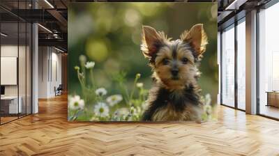 Generative AI : adorable biro yorkshire terrier puppy posing outdoors with flowers Wall mural