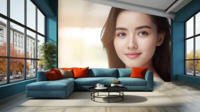 Generative AI : Asian woman with a beautiful face and Perfect clean fresh skin. Cute female model with natural makeup and sparkling eyes on white isolated background. Facial treatment, Cosmetology, be Wall mural