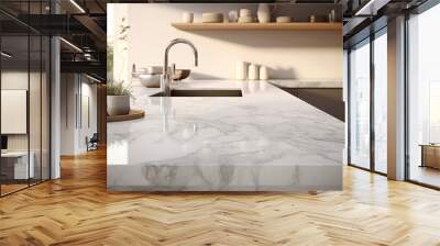 Generative AI : Close-up Marble granite kitchen counter island for product display on modern bright and clean kitchen space. 3d rendering, 3d illustration Wall mural