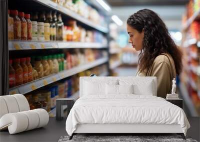 Generative AI : Close-up side view of unrecognizable young woman choosing products in market walking along counters taking photos of items using smartphone. Female looking up nutrition facts using mob Wall mural