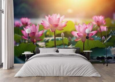 Generative AI : closeup pink lotus in lake with green lotus leaves background in nature. Wall mural