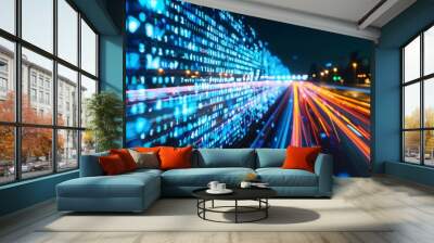 Generative AI : Digital data flow on road with motion blur to create vision of fast speed transfer .  Wall mural