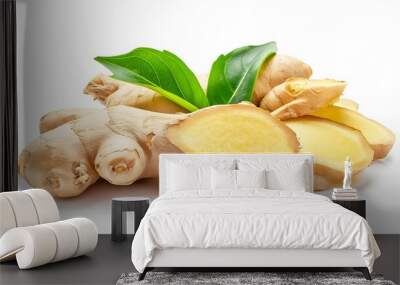 Generative AI : Fresh ginger with green leaves isolated on white background, Ginger root on white background With clipping path. Wall mural