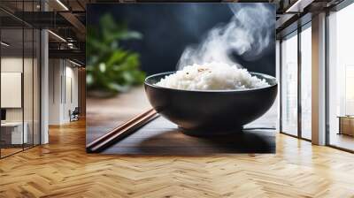 Generative AI : Japanese rice, Cook rice. Close up natural steaming cooked Japanese white rice in black bowl with chopstick on black background Wall mural