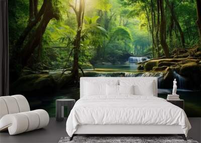 Generative AI : Panoramic beautiful deep forest waterfall in Thailand Wall mural