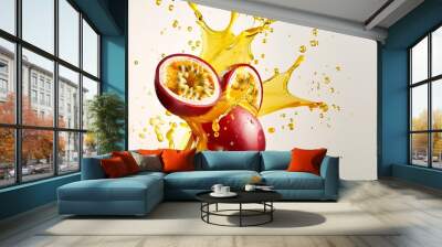 Generative AI : Red passion fruit with passionfruit juice splash flying in the air isolated on white background. Wall mural