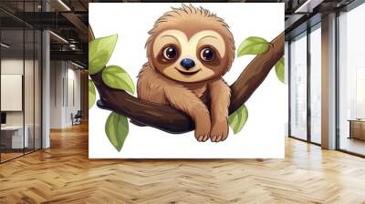 Generative AI : Set of cute sloth for design. Vector cartoon character holding blank banner, poster, peeping, hanging, hugging. Wall mural