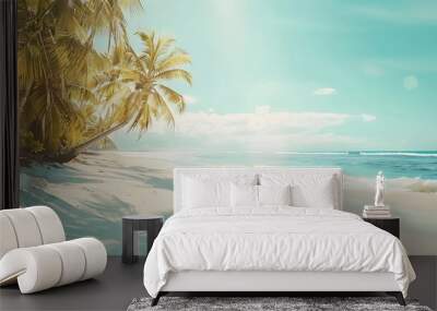 Generative AI : tropical paradise beach with white sand and coco palms travel tourism wide panorama background concept Wall mural