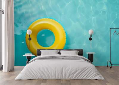 Generative AI : Yellow pool float, ring floating in a refreshing blue swimming pool Wall mural