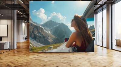 Generative AI : Young beautiful woman traveling by car in the mountains, summer vacation and adventure Wall mural