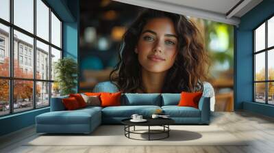 Glad calm pretty young latin woman enjoy peace and spare time drink cup of coffee warm moment in modern cafe office interior Rest relax ad and offer human emotions lifestyle : Generative AI Wall mural