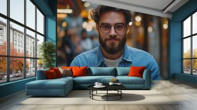 Glad fashionable young bearded guy wears stylish clothes and denim shirt has trendy hairstyle happy to exchange messages with friends uses free internet connection on electronic modern : Generative AI Wall mural