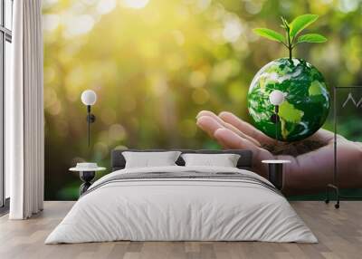 Global sustainable environment concept  ESG net zero eco co2 carbon human hand holding green globe orb with growing tree save our planet world environment day earth day and climate cha : Generative AI Wall mural