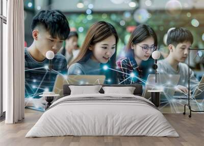 Group of Asian students are using laptops to use social media and search for information on the network Technology Network Wifi Connect : Generative AI Wall mural