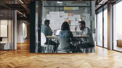 Group of ux developer and ui designer brainstorming about app interface design at modern office Creative digital development agency : Generative AI Wall mural