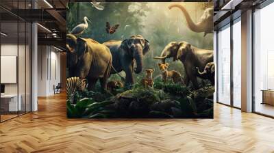 group of wildlife animals in the jungle together : Generative AI Wall mural