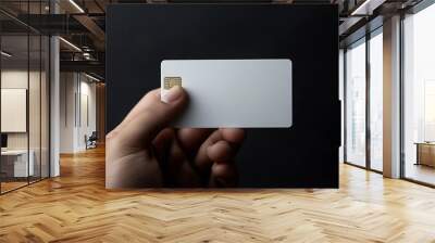 Hand holding blank white credit card mockup isolated Empty plastic card mock up hold in arm Clear surface bank card with gold emboss numbers Debit card concept design presentation gold : Generative AI Wall mural