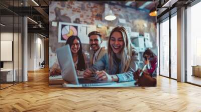 Happy business people smile during a planning meeting in a startup marketing agency office Diversity collaboration and teamwork in a healthy work environment in an international advert : Generative AI Wall mural