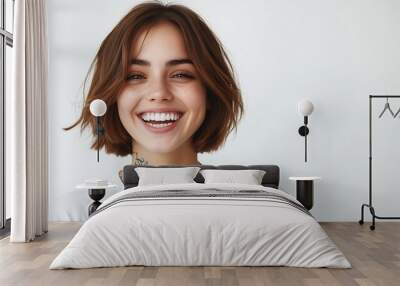 Happy European female laughs joyfully shows white teeth has bobbed hairstyle dressed in casual t shirt has tattoo isolated over white background recieves pleasant compliment Emotions : Generative AI Wall mural