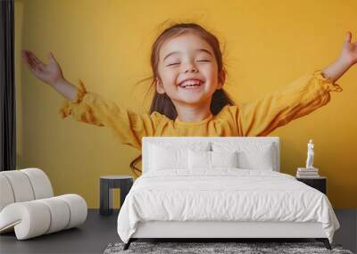 Happy smiling asian girl relaxing floating in midair isolated on yellow background : Generative AI Wall mural