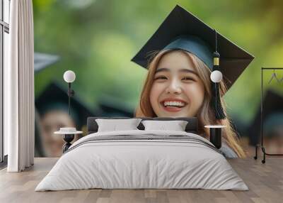 Happy students graduation and celebration with hat in nature for achievement success or milestone Group of excited graduates or friends with smile in happiness for scholarship or highe : Generative AI Wall mural