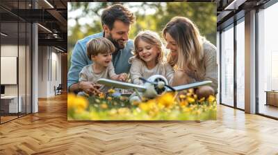 Happy young family dad mom and two children daughters playing with an airplane sitting in a meadow on the grass in the park on a warm sunny day having fun on a day off : Generative AI Wall mural