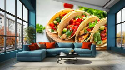 Homemade Mexican Tacos with fresh vegetables and chicken with strong light on white background Healthy food Typical Mexican : Generative AI Wall mural