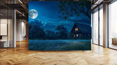 house exterior village house village trees blue new natural light mystic night moon landscape journey meadow images idyllic horizon evening environment dramatic countryside bright : Generative AI Wall mural