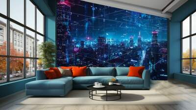 Imaginative visual of smart digital city with globalization abstract graphic showing connection network  Concept of future 5G smart wireless digital city and social media networking sy : Generative AI Wall mural