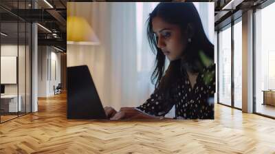 Indian asian young working professional female working on laptop at home wears smart formals : Generative AI Wall mural