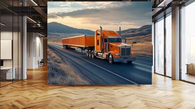 Industrial carrier orange big rig semi truck tractor with extended cab for truck driver rest transporting two empty flat bed semi trailers running on the highway road along the meadow  : Generative AI Wall mural