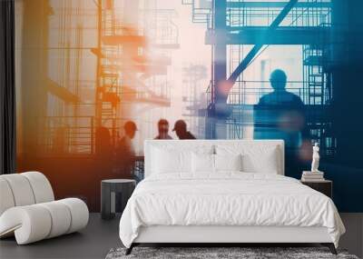 Industrial economic Business and engineering technology factory workers planning working project digital access control work holding blueprint copyspace banner double exposure abstract : Generative AI Wall mural