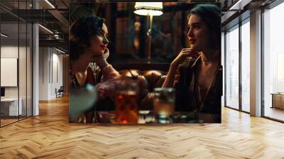 Ladies with alcohol drinks in classic clothes sit and smile each other in club Fancy evening in company of young people in bar : Generative AI Wall mural