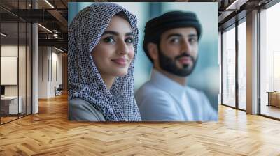 Man and woman with traditional clothes working in a business office of Dubai Portraits of  successful entrepreneurs businessman and businesswoman in formal emirates outfits : Generative AI Wall mural