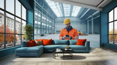 Man builder Architect of industrial buildings Construction engineer stands in empty hangar Architect uses internet on his phone Builder of industrial buildings Man engineer in work uni : Generative AI Wall mural